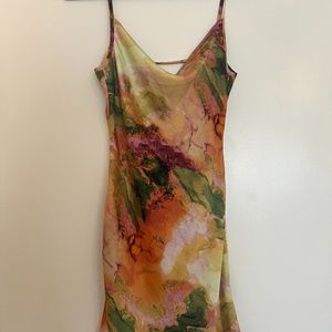 Abstract Backless Satin Mini Dress - MULTICOLOR / S